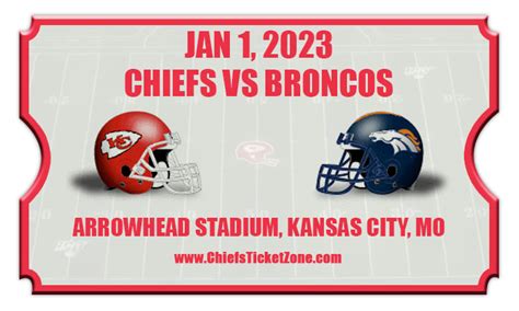 The Chiefs compete in the National Football League (NFL) as a member club of the league's American Football Conference (AFC) West division. . Chiefs broncos tickets